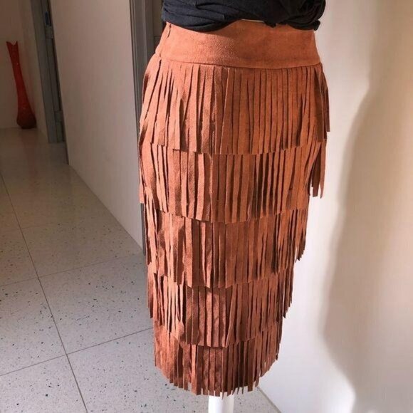 J.O.A. Los Angeles Fringe Skirt Small Brown Lined Hidden Side Zipper Hook Eye - Picture 8 of 10